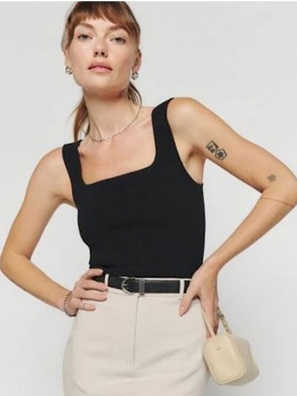 Reformation Julia Ribbed Sweater Square Neck Knit Top Tank Black XL Like New